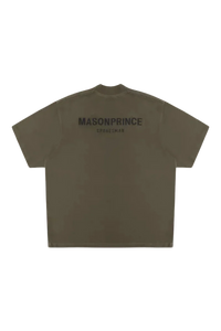 Back view of Masonprince Spokesman tee in olive green with black logo text on upper back