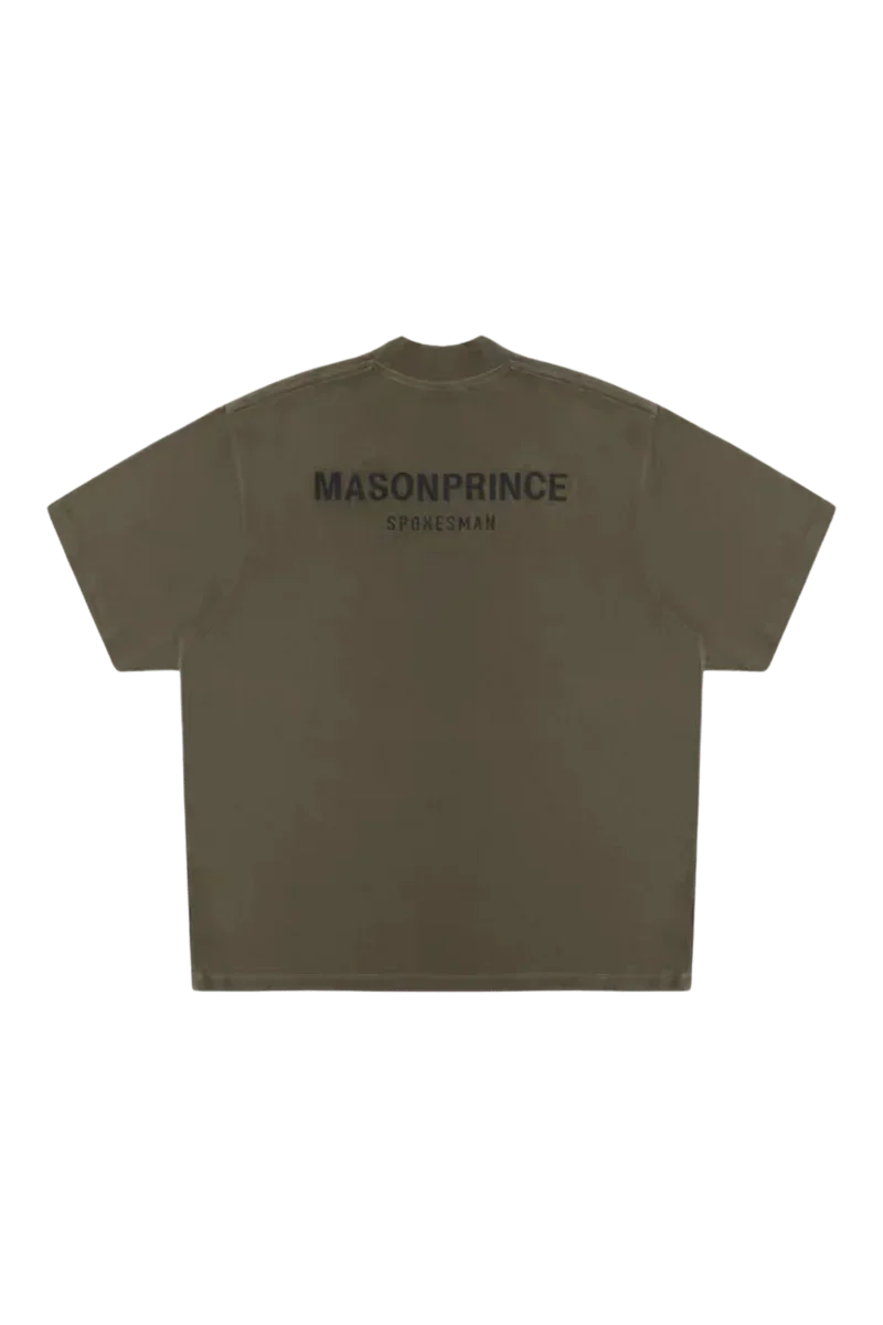 Back view of Masonprince Spokesman tee in olive green with black logo text on upper back