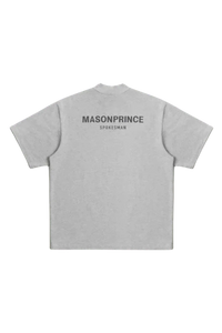 Gray Masonprince Spokesman tee with bold logo print on back and short sleeves