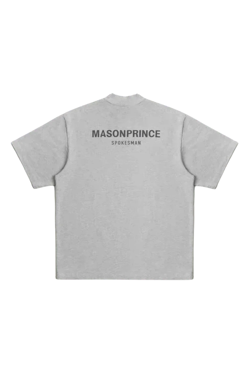 Gray Masonprince Spokesman tee with bold logo print on back and short sleeves