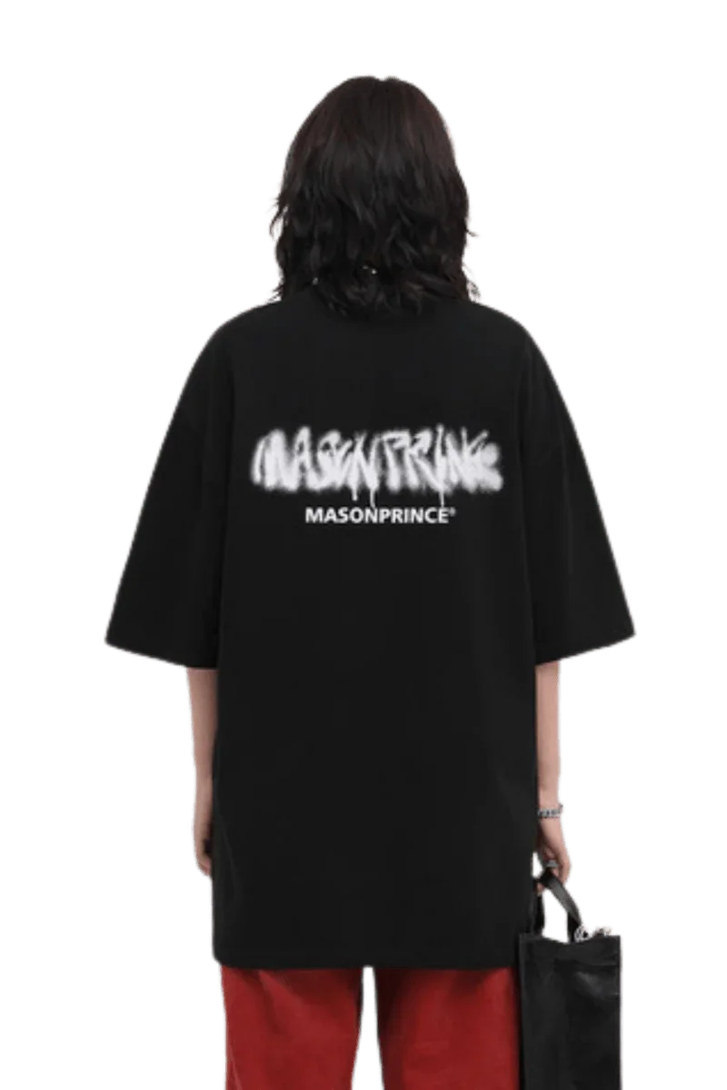 Back view of Masonprince Spray Paint Tee in black with bold logo design for a stylish casual look
