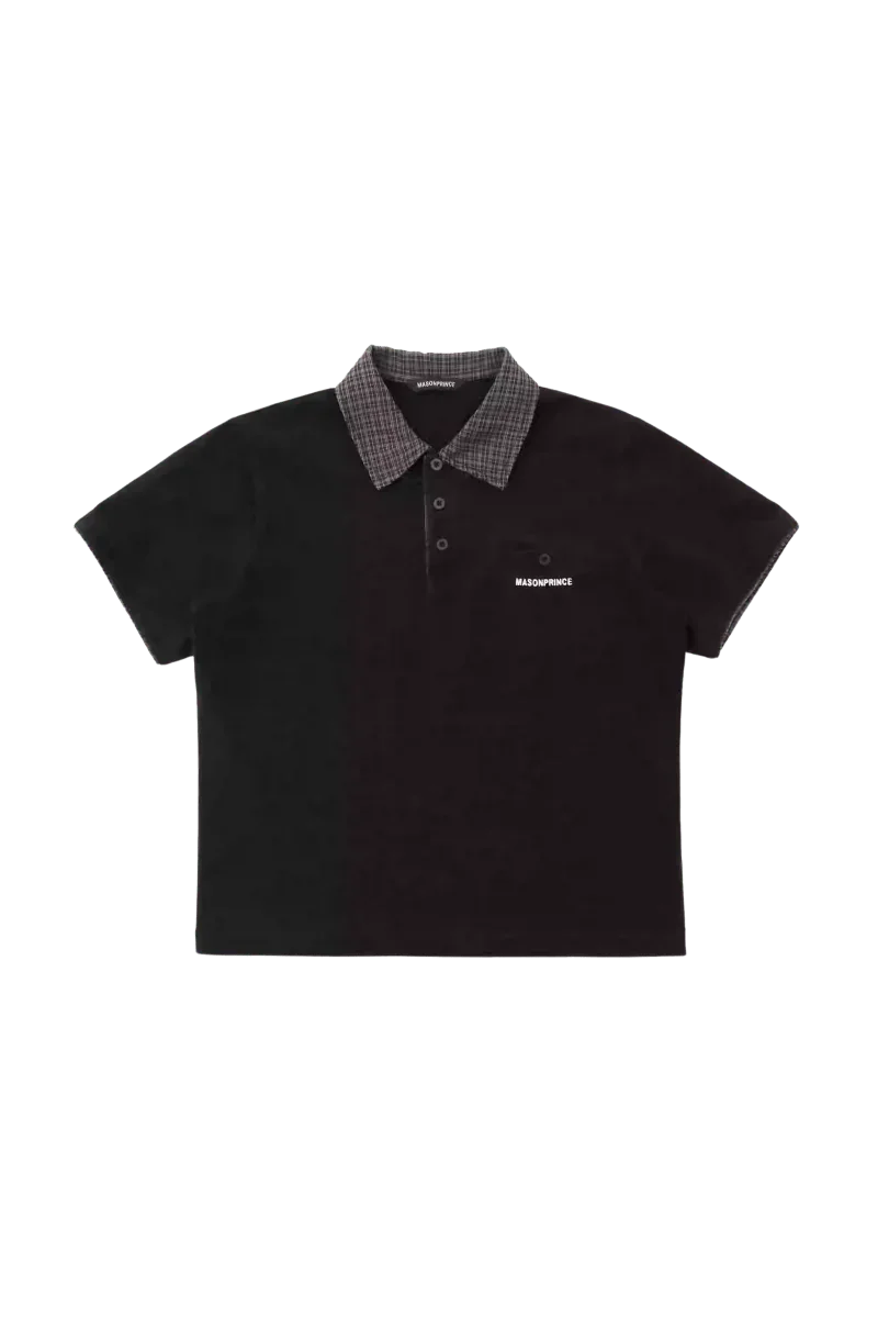 Masonprince SS25 Polo Tee in black with checkered collar and front button placket