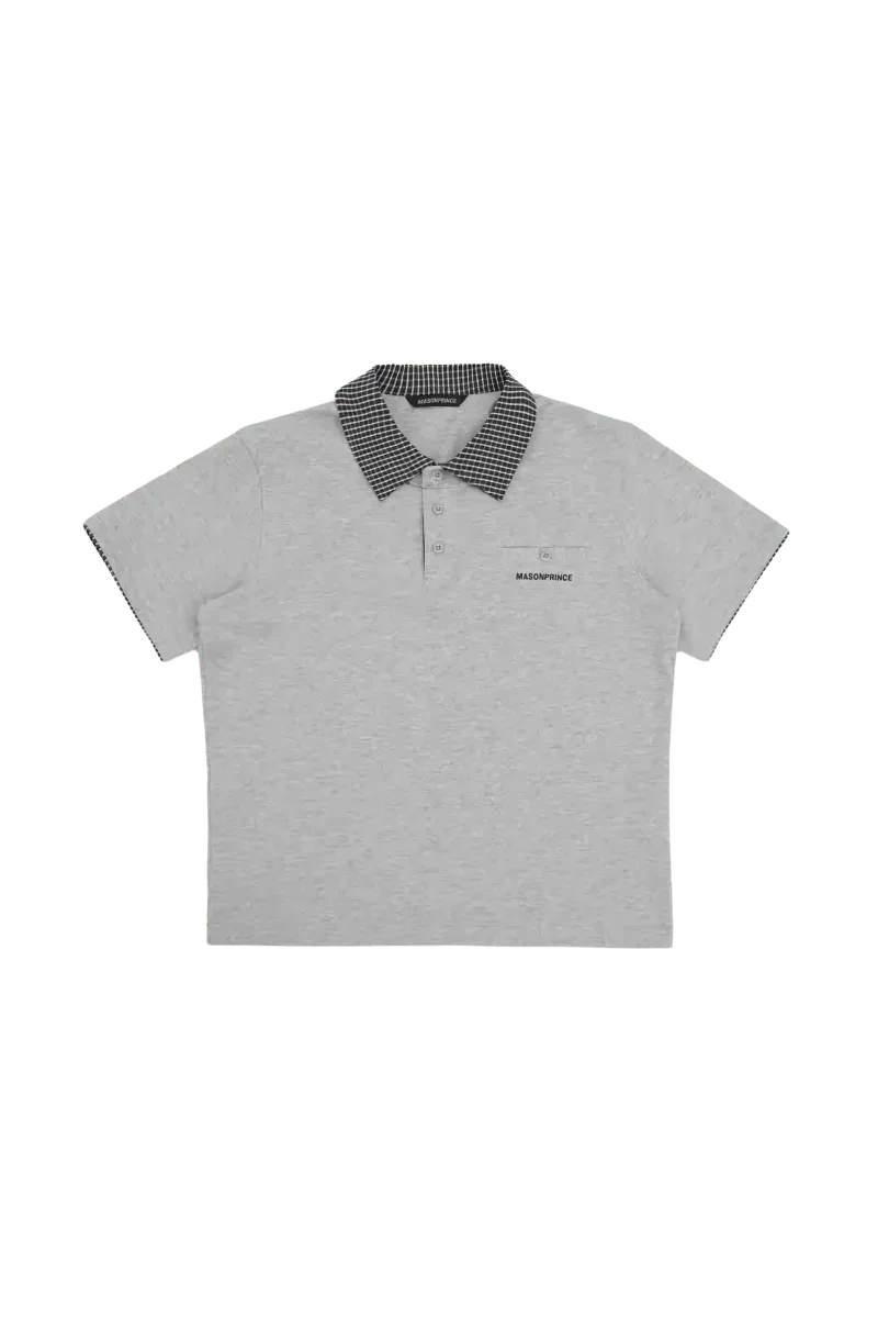 Masonprince SS25 Polo Tee in light gray with black and white checkered collar and short sleeves