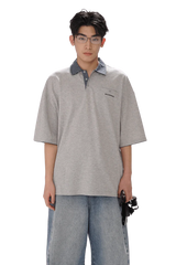 Masonprince SS25 Polo Tee in gray with contrasting patterned collar worn by male model