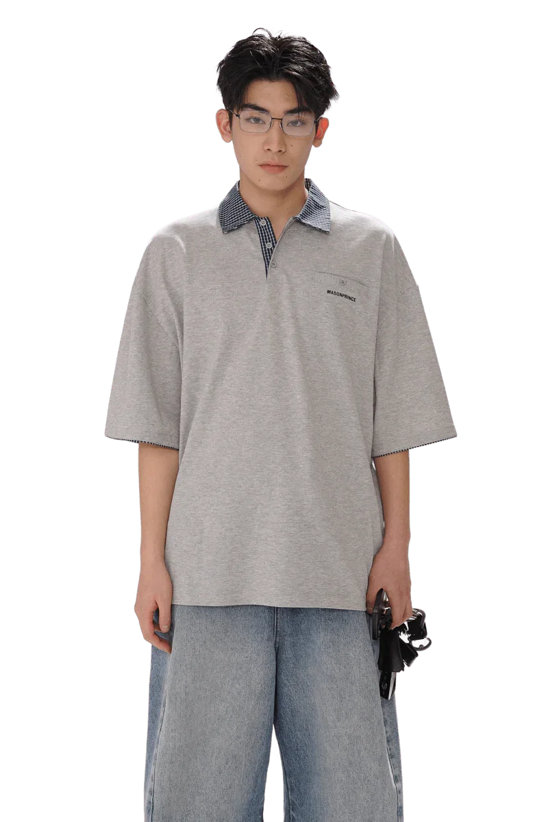 Masonprince SS25 Polo Tee in gray with contrasting patterned collar worn by male model