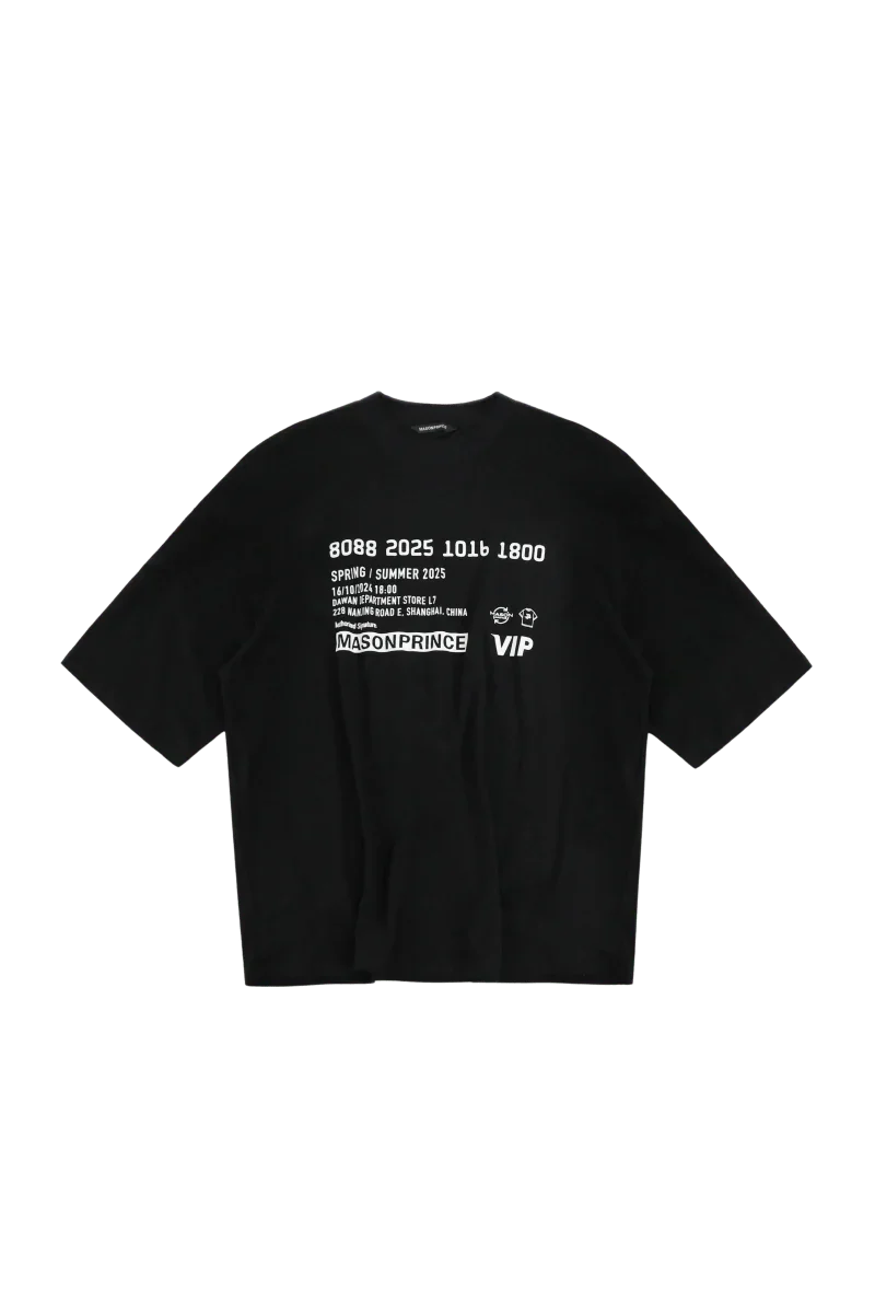 Masonprince black SS25 VIP Tee with white graphic text and logo design on front