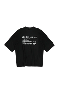 Masonprince black SS25 VIP Tee with white graphic text and logo design on front
