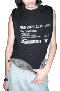 Masonprince SS25 VIP Tee black sleeveless shirt with white printed text worn with gray pants