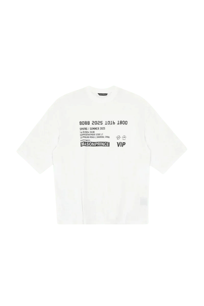 Masonprince SS25 VIP Tee white short sleeve shirt with black text and graphic print