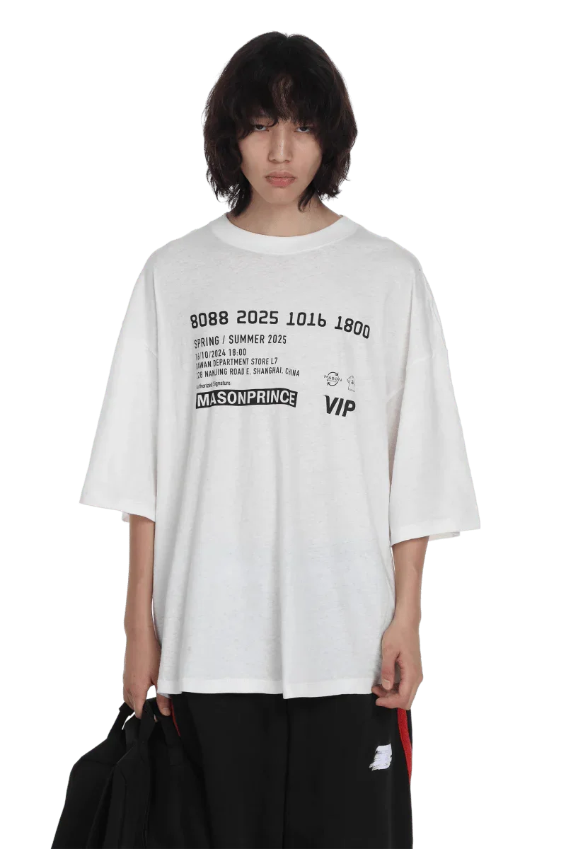 Masonprince SS25 VIP Tee oversized white t-shirt with black graphic print worn by model