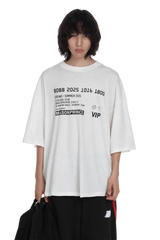 Masonprince SS25 VIP Tee oversized white t-shirt with black graphic print worn by model
