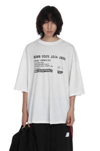 Masonprince SS25 VIP Tee oversized white t-shirt with black graphic print worn by model