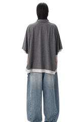 Back view of Masonprince Stripes Polo Tee in gray with horizontal stripes worn with loose blue jeans
