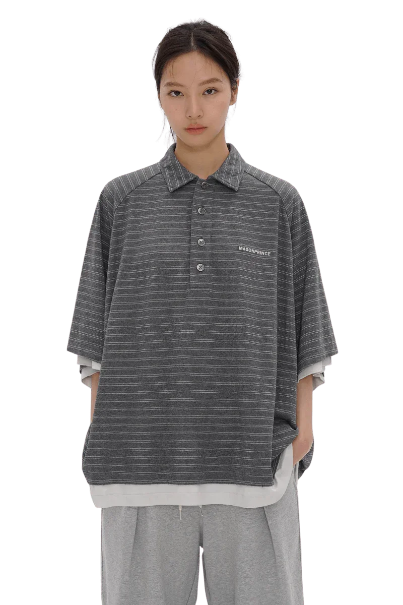 Front view of a model wearing Masonprince Stripes Polo Tee in gray with subtle horizontal stripes and button-up collar