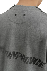 Back view of gray Masonprince Tag Drop Tee with black Masonprince logo and double grommet detail on back