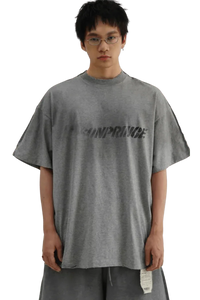 Masonprince Tag Drop Tee oversized gray t-shirt with subtle printed logo worn by male model