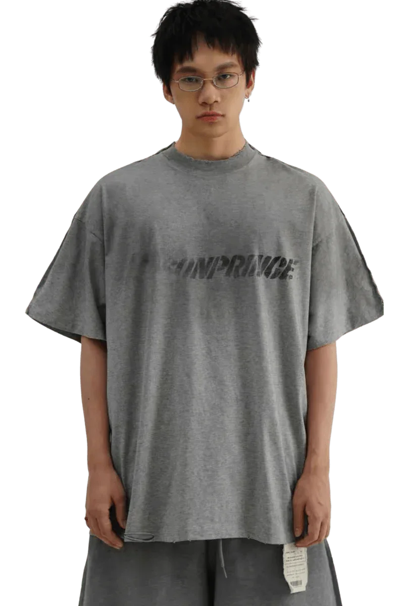 Masonprince Tag Drop Tee oversized gray t-shirt with subtle printed logo worn by male model