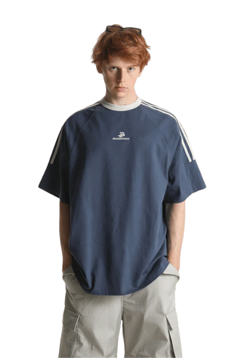 Masonprince Triple Stripe Tee in Navy with White Stripes and Relaxed Fit for Casual Style