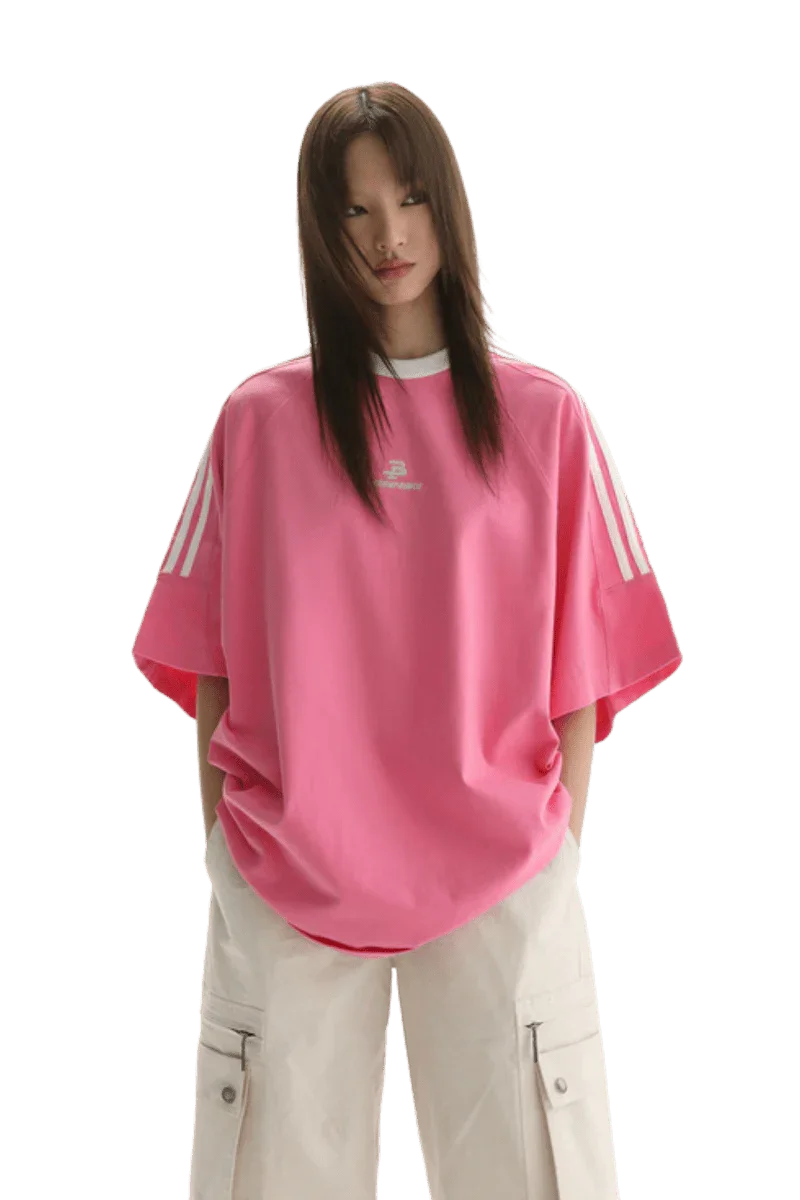 Masonprince Triple Stripe Tee in bright pink with a relaxed fit and logo detail on chest