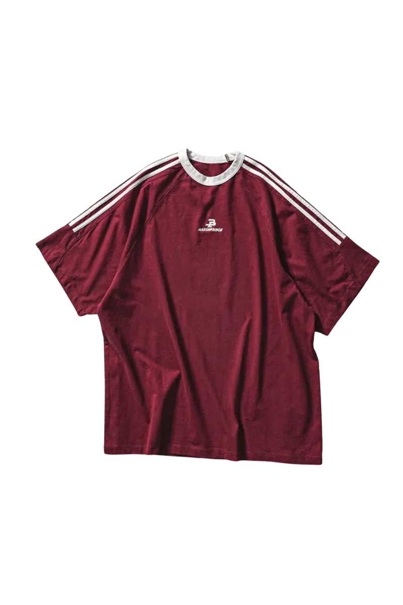 Masonprince Triple Stripe Tee in Burgundy with Comfortable Loose Fit and Stylish Design