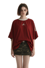 Masonprince Triple Stripe Tee in Red with Oversized Fit and Short Sleeves