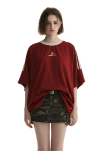 Masonprince Triple Stripe Tee in Red with Oversized Fit and Short Sleeves