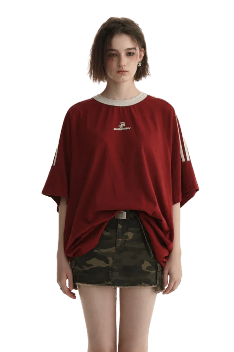Masonprince Triple Stripe Tee in Red with Oversized Fit and Short Sleeves