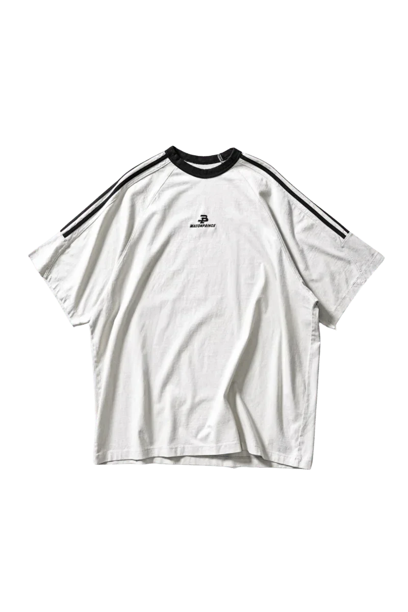 Masonprince Triple Stripe Tee in White with Black Accents and Relaxed Fit for Casual Style