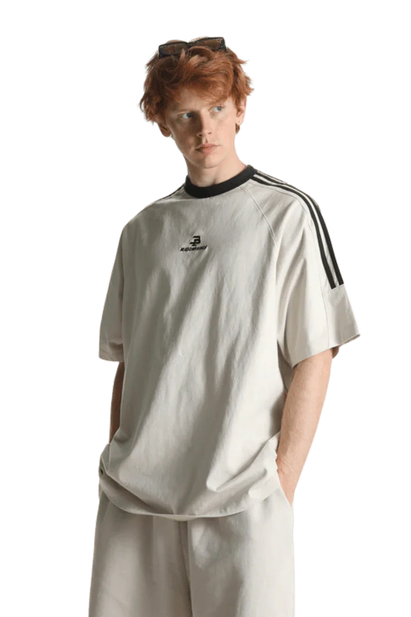 Masonprince Triple Stripe Tee in white with black stripes and logo, perfect for casual wear