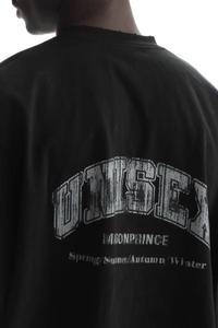 Masonprince unisex logo tee black shirt with distressed white printed design on back