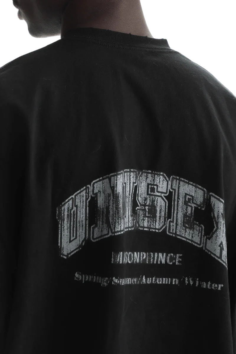 Masonprince unisex logo tee black shirt with distressed white printed design on back