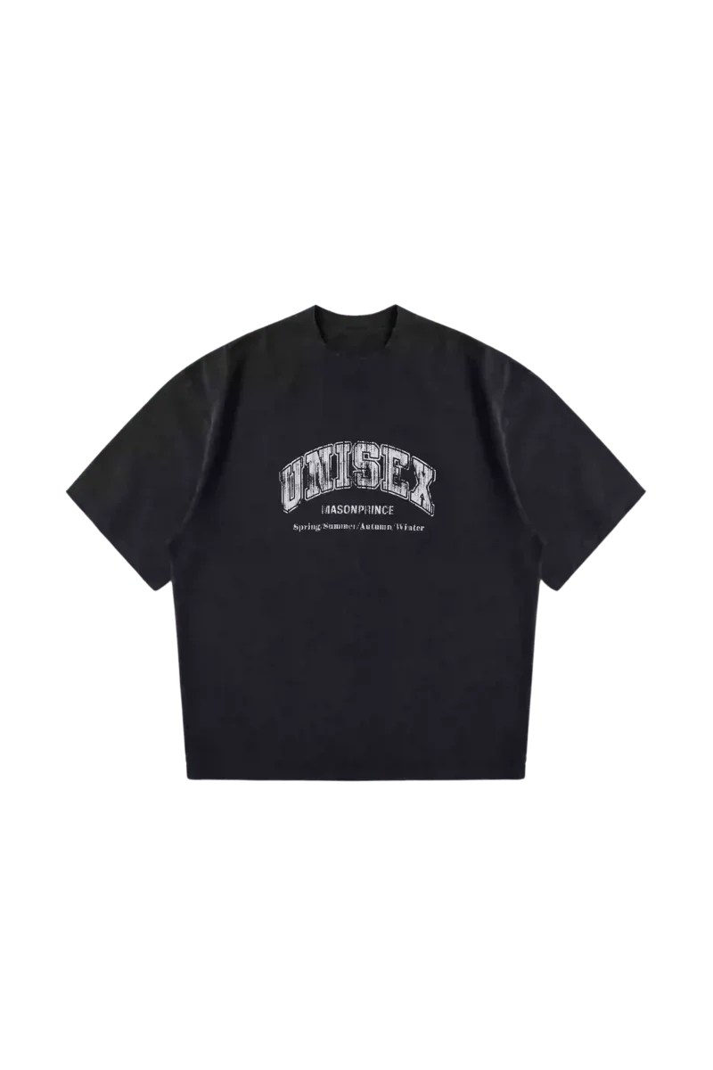 Masonprince black unisex logo tee with white vintage-style university text print