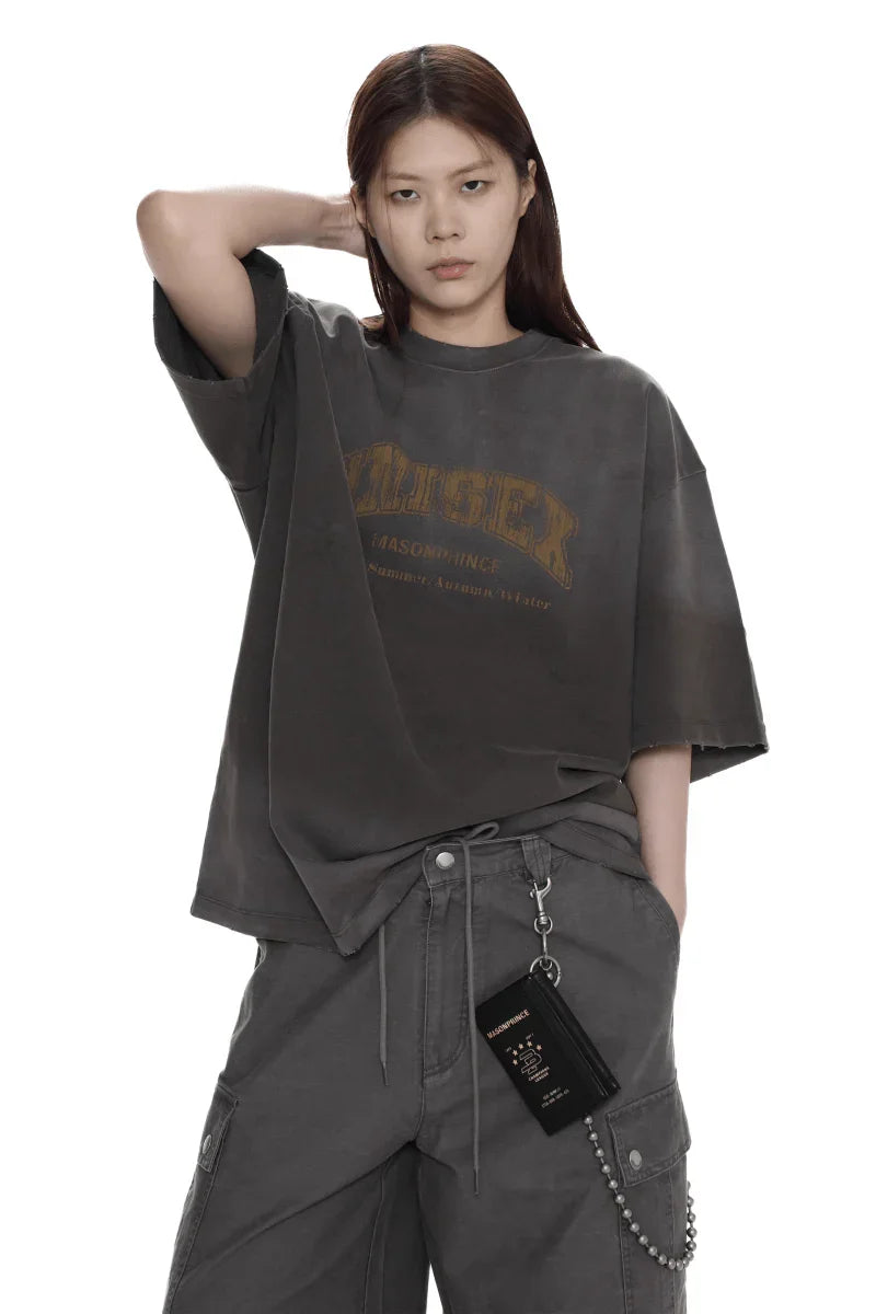 Masonprince unisex logo tee in dark gray worn with matching cargo pants and a chain accessory