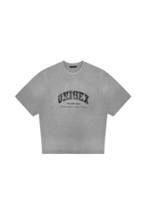 Gray Masonprince unisex logo tee with black printed design on front and crew neckline