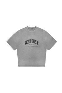 Gray Masonprince unisex logo tee with black printed design on front and crew neckline