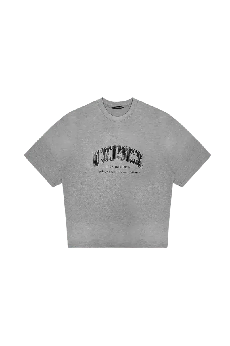 Gray Masonprince unisex logo tee with black printed design on front and crew neckline