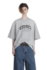 Masonprince gray unisex logo tee with black printed design worn with blue jeans