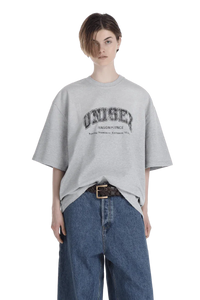 Masonprince gray unisex logo tee with black printed design worn with blue jeans