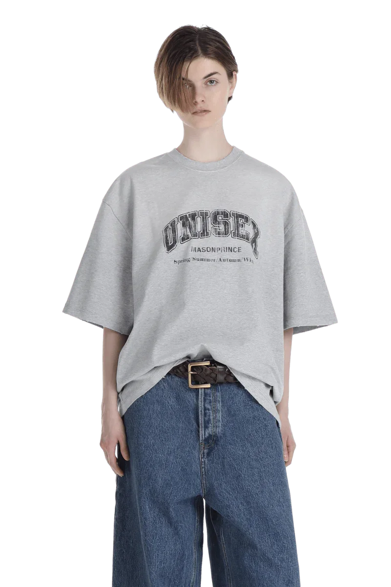 Masonprince gray unisex logo tee with black printed design worn with blue jeans