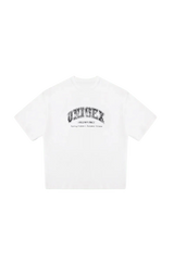 Masonprince white unisex logo tee with black text design on front and short sleeves
