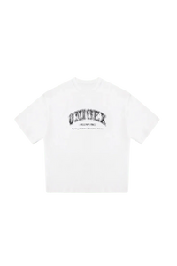 Masonprince white unisex logo tee with black text design on front and short sleeves