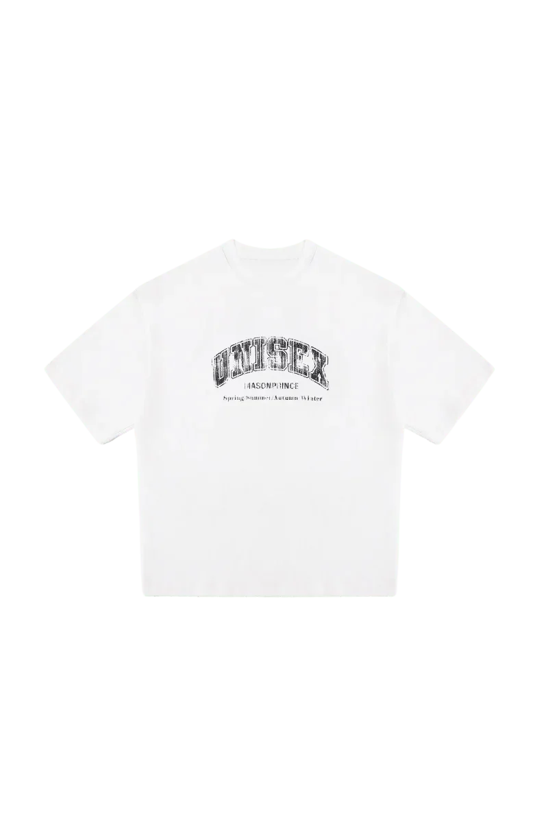 Masonprince white unisex logo tee with black text design on front and short sleeves