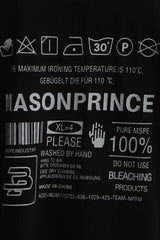 Close-up of Masonprince WashTag Tee label showing washing instructions and fabric details