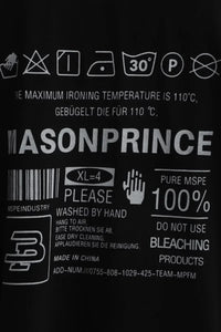 Close-up of Masonprince WashTag Tee label showing washing instructions and fabric details