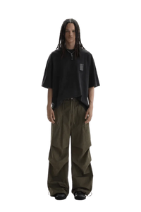 Model wearing Masonprince WashTag Tee black oversized short sleeve shirt with loose fit