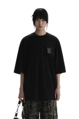 Masonprince WashTag Tee black oversized short sleeve shirt with chest pocket and camouflage pants