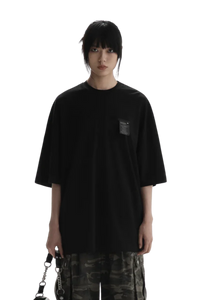 Masonprince WashTag Tee black oversized short sleeve shirt with chest pocket and camouflage pants
