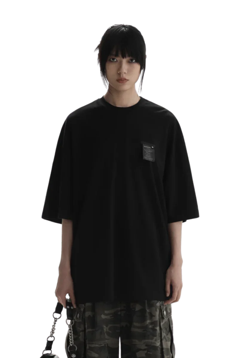 Masonprince WashTag Tee black oversized short sleeve shirt with chest pocket and camouflage pants