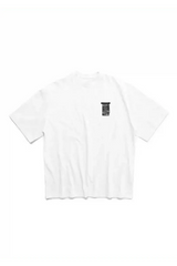 White Masonprince WashTag Tee with black printed wash tag design on front chest pocket area