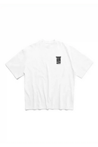White Masonprince WashTag Tee with black printed wash tag design on front chest pocket area